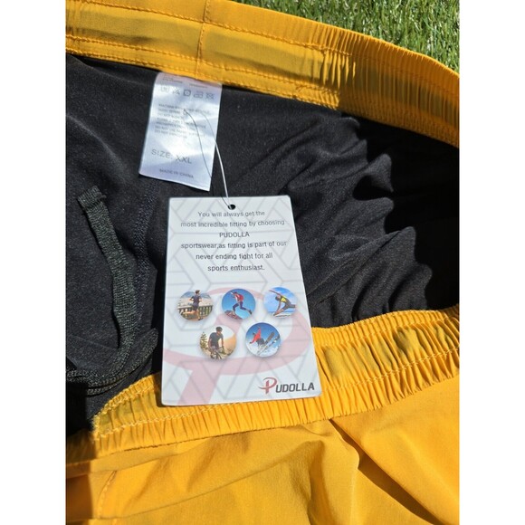 Pudolla Mens Running Workout Lined Shorts Active Yellow Size XXL 3 Pockets - Picture 8 of 14